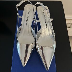 Stuart Weitzman Metallic Silver Pointed Slingback Pumps
